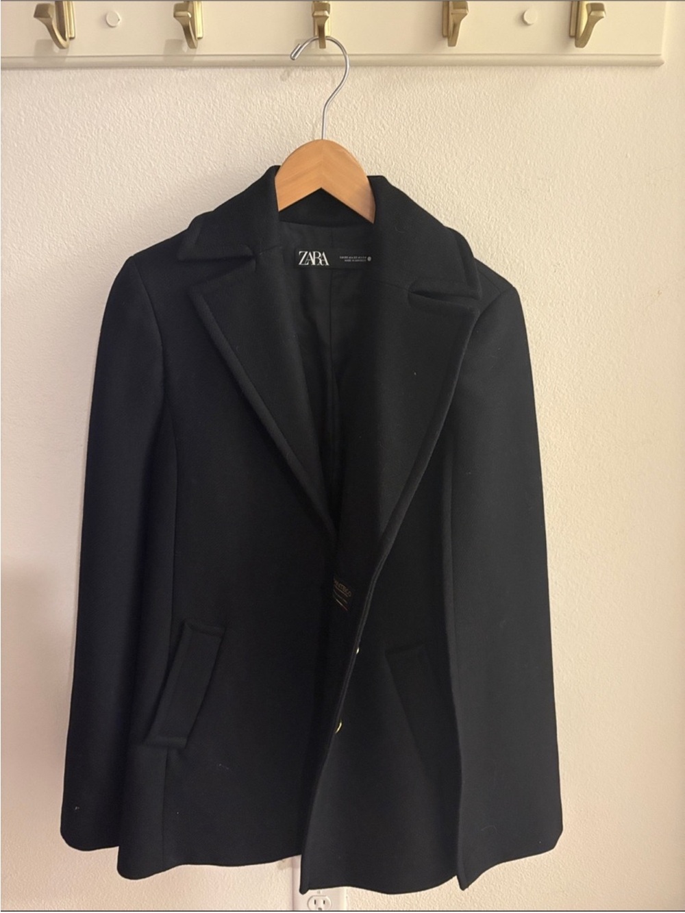 ZARA Black Wool Pea Coat with Notched Lapel